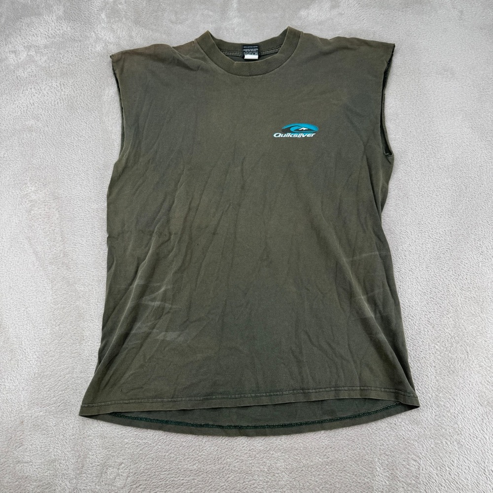 VTG 90s Quiksilver Shirt Mens L Green Flaws Sleeveless Graphic Logo Muscle‎ Tee